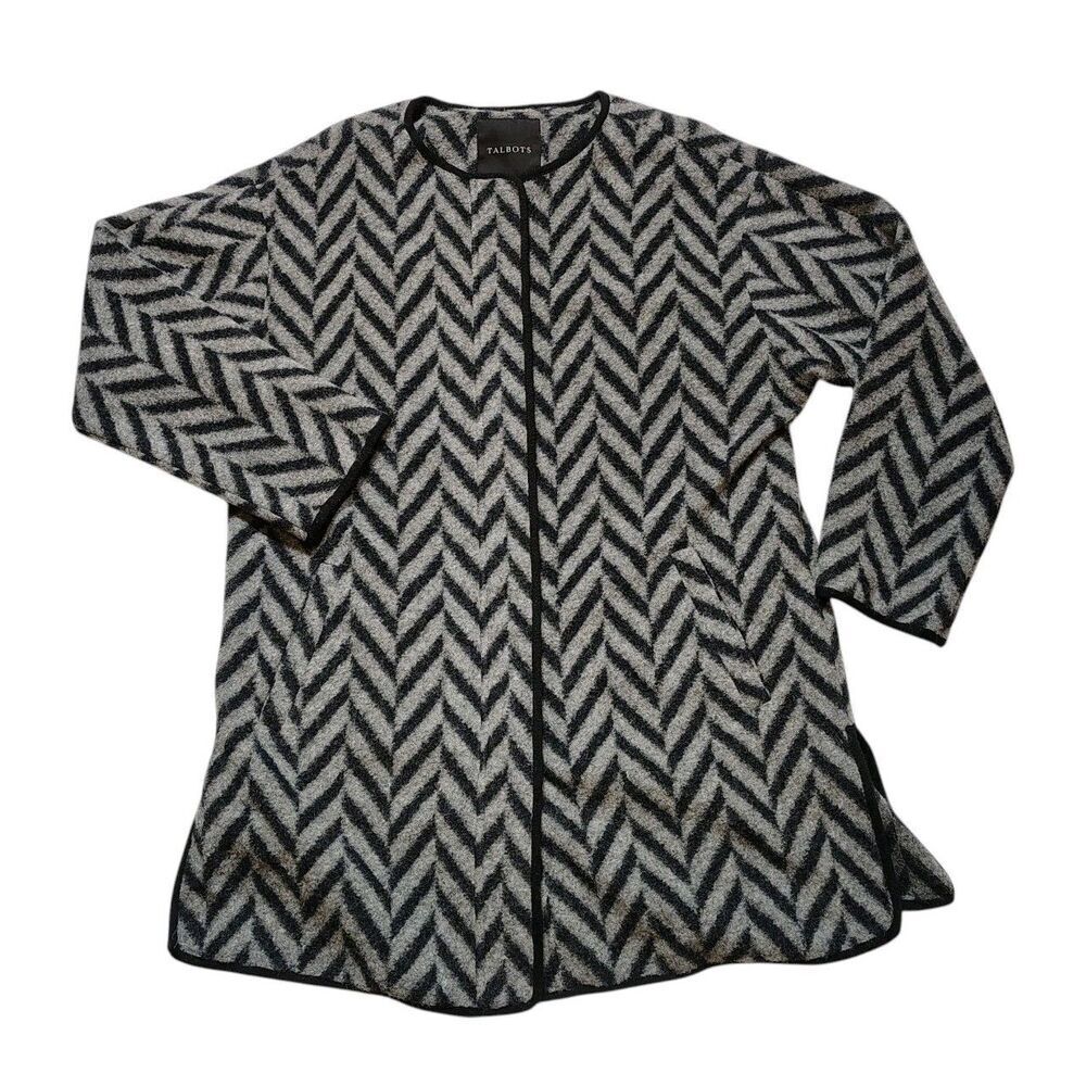 Talbots Chevron Wool Blend Zip Front Jacket Coat Gray Black Size M